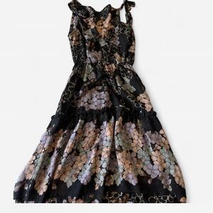 Black Floral Tiered Midi Dress with Pastel Blooms